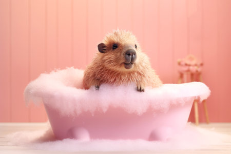 A cute capybara is sitting in a pink bubble bath on a pink background. A friendly animal washes and swims. Funny composition with a rodent. Generated by A.I.の素材