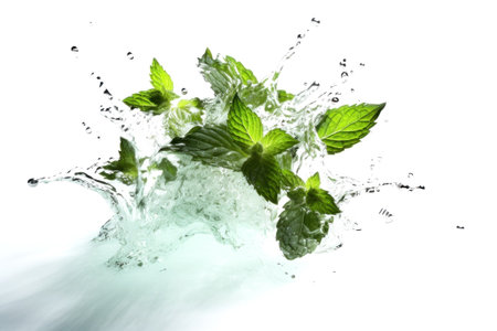 Fresh green cool mint or peppermint leaves in drops and falling splashes of clean water. isolated on white background. Realistic transparent flow of lemonade soda or cocktail with mint. Generative AI.の素材