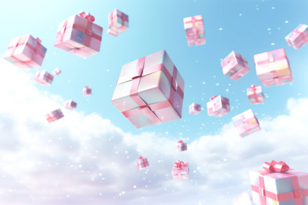 Stylish holiday fairy tale background with lots of gifts in pink wrapping paper with bows. Festive magical backdrope with flying boxes in the sky with fluffy clouds and sparkles. Generated ai.の素材