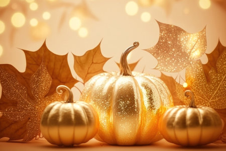Three beautiful golden pumpkins on a yellow autumn background. Shiny glamorous vegetables and golden leaves with sequins on a blurry background with magical bokeh. Generated by AI.の素材