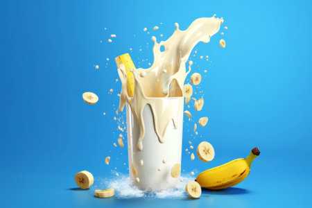 Dynamic splashes of milk from bananas on a bright blue background. Design elements for advertising. Non-dairy vegan beverage. Healthy plant-based diet concept. Generative AI.の素材