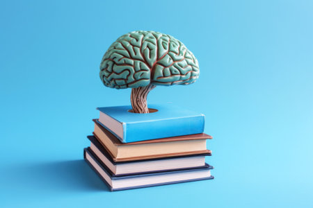 Thick paper books with the human brain above the open pages. A brain with neurons, nerves and sparks. Glowing blue background. Knowledge, skills and ideas as a result of learning. Generavite by ai.の素材