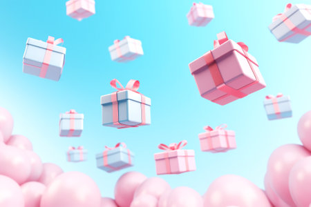 Stylish holiday fairy tale background with lots of gifts in pink wrapping paper with bows. Festive magical backdrope with flying boxes in the sky with fluffy clouds and sparkles. Generated ai.の素材