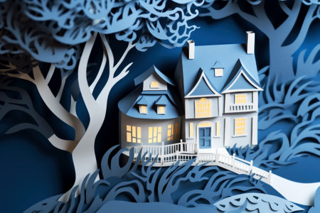 Modern paper cut style of illustration with a three-storey mansion and a garden or forest. Beautiful spreading trees and fir trees in the foreground. Blue background. Created using generative AI.の素材