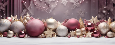 Banner with beautiful stylish New Year background with pink, white and purple Christmas balls and stars. Christmas backdrop with sequins, beads, snowflakes and various shiny decorations. Generated AI.の素材