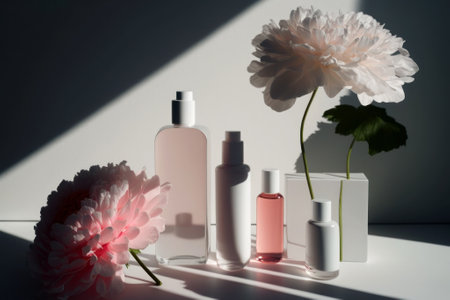 A set of glass bottles of cosmetics with beautiful pink flowers. Mockup of beauty products with wonderful peonies on a white background. Bright light and dark shadows. Generated by A.I.の素材