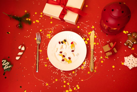 Plate with tablets, pills and capsules on bright holiday background. It served with fork and knife. Gift boxes, christmas cookies, lantern and fir branch on red backdrop with sparkles and confetti.の写真素材