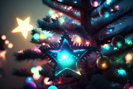 Close-up of a beautiful glowing blue star on the Christmas tree. New Year holiday decorations and colorful garlands on the branches. Christmas festive backdrop. Generated by AI.の素材