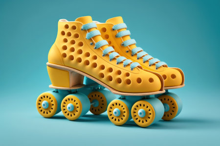 Stylish retro rollers with metal base and rivets. Vintage shoes decorated with embroidery. Yellow and blue pastel background. Generated by AI.の素材
