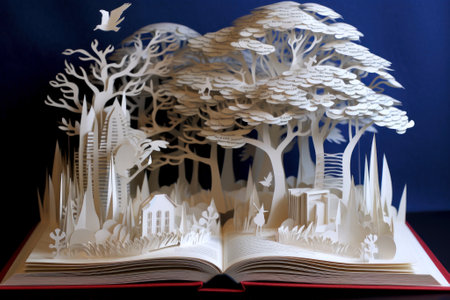 Open book with voluminous fairy-tale pattern inside on wooden table. Layered style paper cut illustration of house with light in middle and forest around it on dark background. Generative AI.の素材