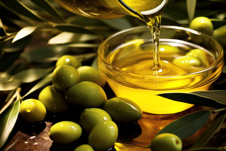 Natural organic olive oil is poured from a glass jug into a transparent bowl. Vitamin vegetable liquid on a wooden table. Green olives and leaves on the background. Skin care concept. Generated by AI.の素材