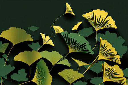Beautiful botanical composition in a paper cut style design. Abstract nature green-black background with ginkgo biloba leaves. Created using generative AI.の素材