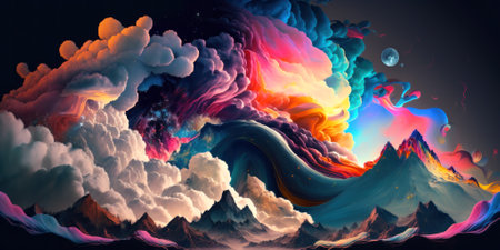 A fantastic banner with a fabulous landscape. A lonely tree, fluffy clouds and a field are painted with mixed bright colors. Multicolored starry sky. Generated by AI.の素材