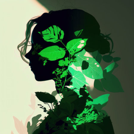 Female portrait of charming brunette woman standing with her back against a wall background. Beautiful leaves wrap around the silhouette of a girl. Digital illustration. Generated by AI.の素材
