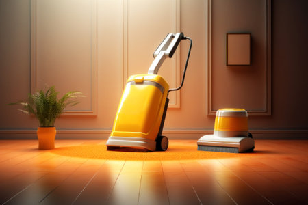 Modern vertical vacuum cleaner in home cozy interior. Hand-held household appliance for dry cleaning with bright yellow case collects dust from floor. Living room with carpet and plant. Generated AI.の素材