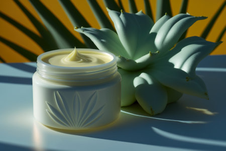 A mockup of a tcream jar for cosmetics with fresh juicy aloe leaves. Glass tube for beauty products with green liquid and on a gradient yellow and green background. Generated AIの素材