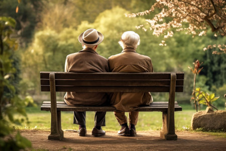 An elderly couple in autumn clothes are sitting on a wooden bench in the park. An old gray-haired man and a woman enjoy the scenery together. Elderly spouses in coats are sitting backs. Generated AI.の素材