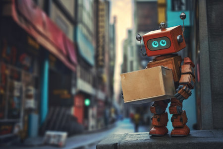 Funny red robot with rectangular head holds cardboard box in hands. Cute machine with blue eyes for delivery of goods stands against background of city street. Shops and houses in backdrop. AI.の素材