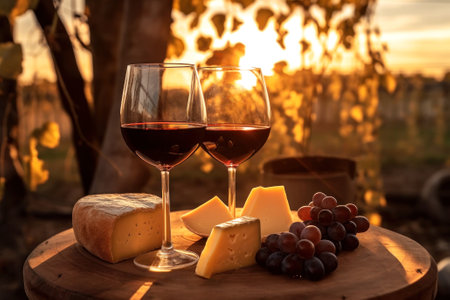Gastronomic still life with glasses of wine on wooden table in setting sun outdoors. Bottle of wine, different types of cheese and bunches of grapes on the background of beautiful nature. Generative AI.の素材