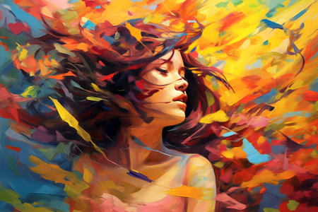 Watercolor autumn portrait of an attractive young woman in profile. Close up of a charming girl waves her hair. Bright multicolored paint strokes. Generated by AI.の素材