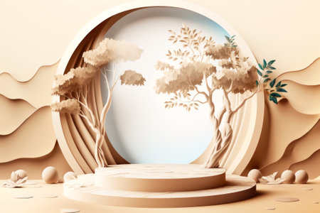 Beautiful composition with an empty stage for cosmetic products with stones and trees. Graphic illustration in beige tones with a podium. Bright light and hard shadows. Generated by AI.の素材