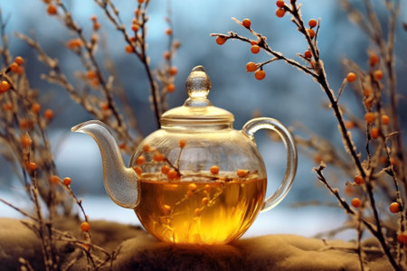 Elegant glass teapot with sprig of sea buckthorn inside stands on stone. Berry tea outdoors. Sea buckthorn branches and autumn lake in the background. Digital watercolor painting. Generated by AI.の素材