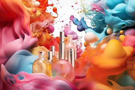 Glass bottles with a transparent essence and a silver lid on an abstract multicolored background. Mockup of beauty products of colored steam or dissolving bright liquid. Generated by AI.の素材