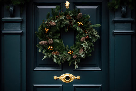 Green front door with Christmas wreath and street festive decorations on holidays. Classic old house with brick red wall with christmas garland and pine border. Generated by AI.の素材