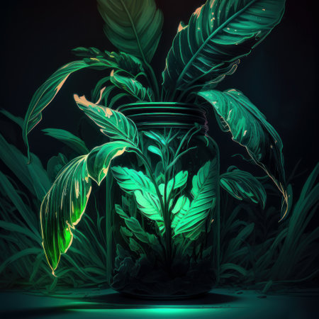 Tropical plants in the interior of a room at home. Huge fresh green leaves in the window. Exotic small garden on the balcony or loggia. Generated by AI.の素材