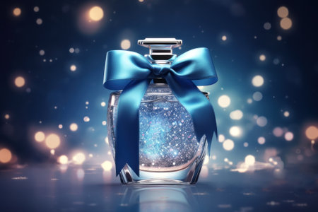 A mock-up of an elegant glass perfume bottle with a gold lid and a sparkles. Transparent vial on a dark blue background with gold sequins. Beautiful bokeh. Generated by AI.の素材