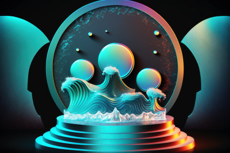 Beautiful podium for products in neon colors with mountains and waves. A glittering blue background with waves and rings with a stage. Glowing abstract background. Generated by AI.の素材