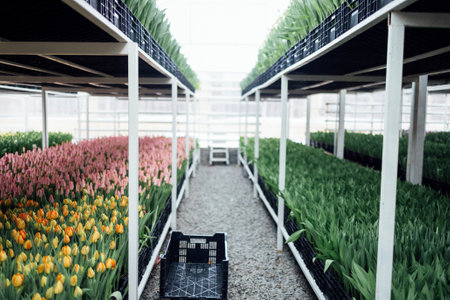 Large bright two tier greenhouse for growing different types of tulips. Flower farm with plantations. Rows of colorful tulips in black boxes. gardening. Free space for text.の写真素材