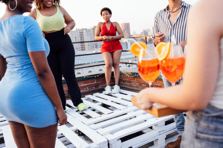Multiethnic friends are served delicious alcoholic cocktails with orange slices. A fun roof party of...