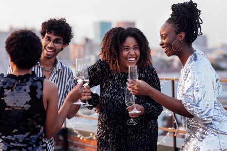 Dark-skinned girl pours champagne into glasses of her multinational friends. Cute happy people having fun at rooftop party. African women in elegant dresses and young man drink wine and laugh.の写真素材