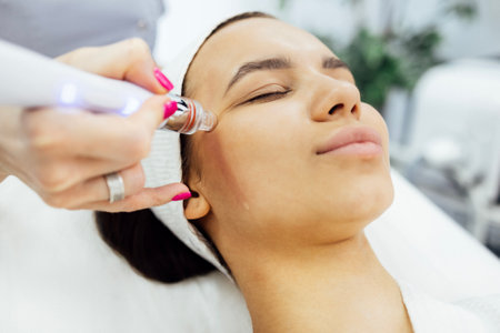 Brunette young woman undergoes a procedure of vitamin peeling in beauty salon, a unique and...