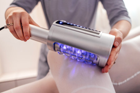 Faceless beautician using massager to remove fat from hips of anonymous customer in salon. Cosmetologist in a beauty parlor. Cosmetologist dermatologist in a beauty clinic. Cosmetic procedures.の写真素材