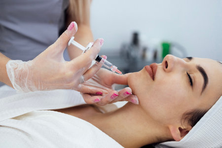 Beauty injections. Female cosmetologist in transparent gloves makes an injection in the lower jaw of her client. Treatment with hyaluronic acid. Introduction of liquid into the skin of woman.の写真素材