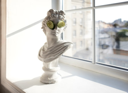 A clay replica of an ancient male bust with cucumbers in front of his eyes. Classic sculpture portrait of a young man on the windowsill. A humorous look at beauty treatments.の写真素材