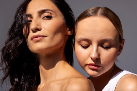 Beauty portrait of two attractive young women with clean healthy skin and hair. Charming models with natural makeup on a gray isolated background. Cosmetology and spa treatments. Skin care concept.の写真素材