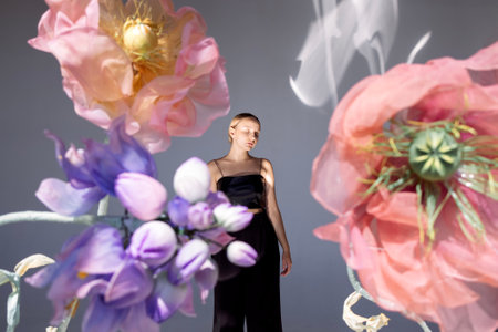 Blond young woman wearing top while posing on floral background. Charming model with natural makeup and perfect skin. Beauty and friendship concept.の写真素材