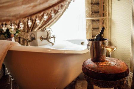 Close-up of a glass of wine and a bottle in an ice bucket on an elegant chair in the bathroom. A filled bubble bath next to the window. Vintage interior. No people.の写真素材
