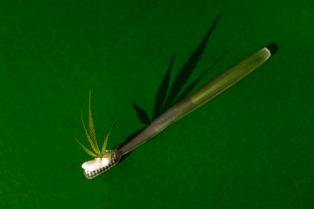 A transparent plastic toothbrush with white Cannabis CBD toothpaste with Cannabis leaf. Green isolated background. Health care and dental hygiene concept. Copy space.の写真素材