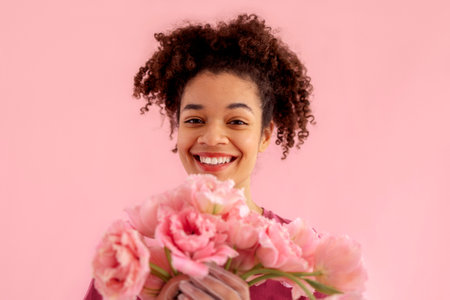 Beautiful African girl holds a bouquet of pink flowers near her face. Gentle female studio portrait on a pink backgroundの写真素材