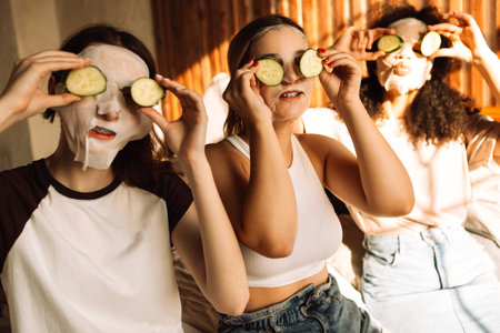 Teenagers of different races wearing cosmetic masks on their faces and hold pieces of cucumbers in front of their eyes. Multiethnic friends take care of their skin. Cute students have fun together.の写真素材