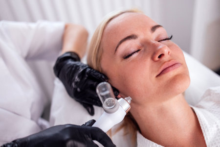 Caucasian woman getting face peeling procedure in a beauty clinic, close up. Rejuvenating facial gas liquid treatment. Hydro air skin cleansing operationの写真素材