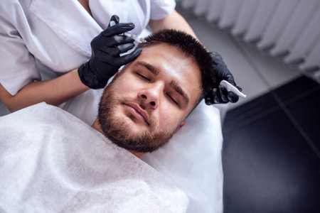 Beauty injections. Female cosmetologist in transparent gloves makes an injection in the lower jaw of her client. Treatment with hyaluronic acid. Introduction of liquid into the skin of young manの写真素材