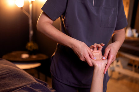 Close up of young female arms getting gentle hand massage. Woman client lies and enjoys this procedure in beauty salon. Burning candles on background. Spa treatment. Yourself and skincare. Copy space.の写真素材