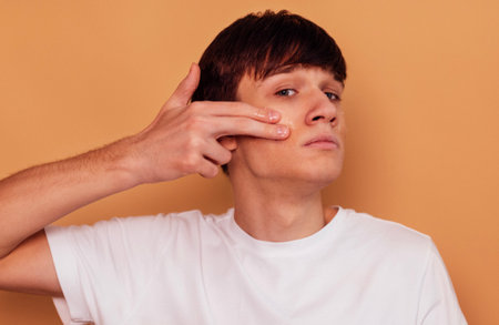 A young guy applies a moisturizing gel to his cheeks for problem skin. A serious teenager in a white T-shirt takes care of his face. Cosmetic procedure. Beauty routine. Beige isolated background.の写真素材