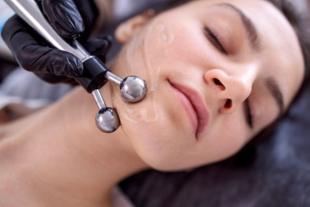 Cosmetology light equipment. Anti age and wrinkle. Microcurrent medicine treatment. Portrait of beautiful woman. Skincare clinicの写真素材