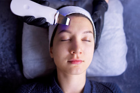 Beauty master makes ultrasonic facial peeling to her client. Young beautiful caucasian woman doing an effective cleansing of the skin and pores in a beauty salon. Electric spa equipment. Copy spaceの写真素材